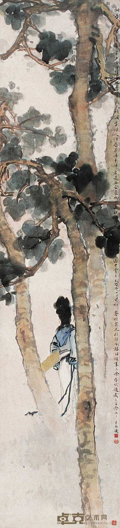 邓芬 梧桐仕女 立轴 138×32cm